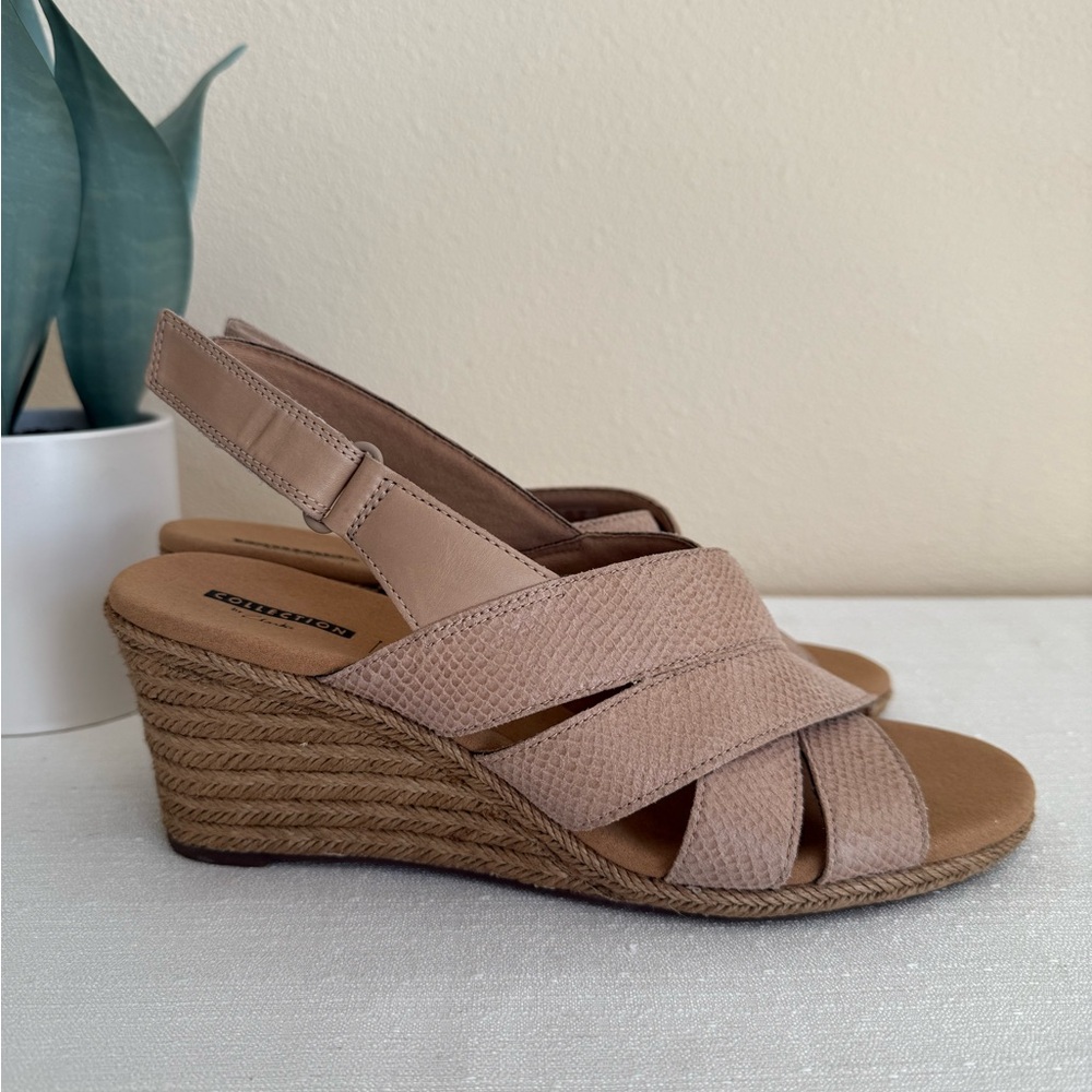 New Clarks Lafley Krissy Sand Sable Leather Espadrille Wedge Sandals
